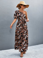 Printed Tie Waist One Shoulder Maxi Dress - Ladyez