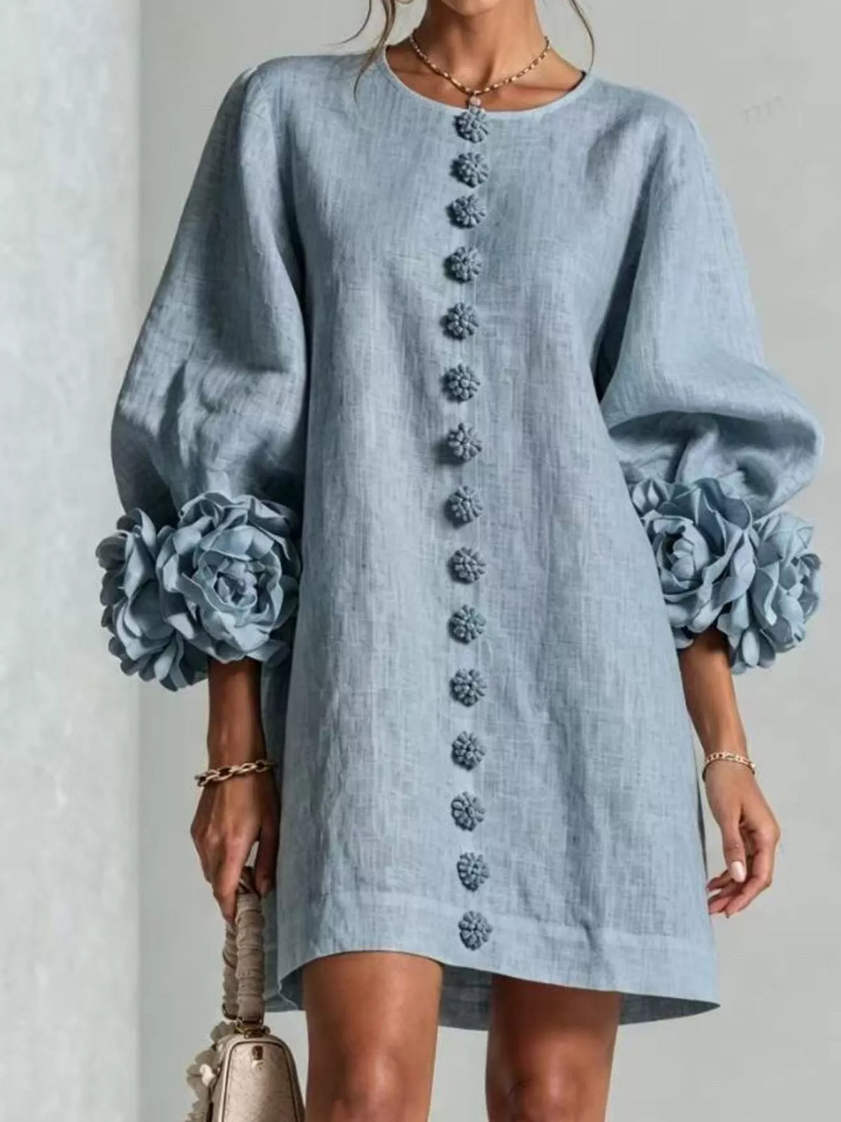 3D Floral 3/4 Sleeve Mini Dress