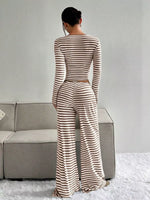 Striped Long Sleeve Crop Top and Wide Leg Pants Set