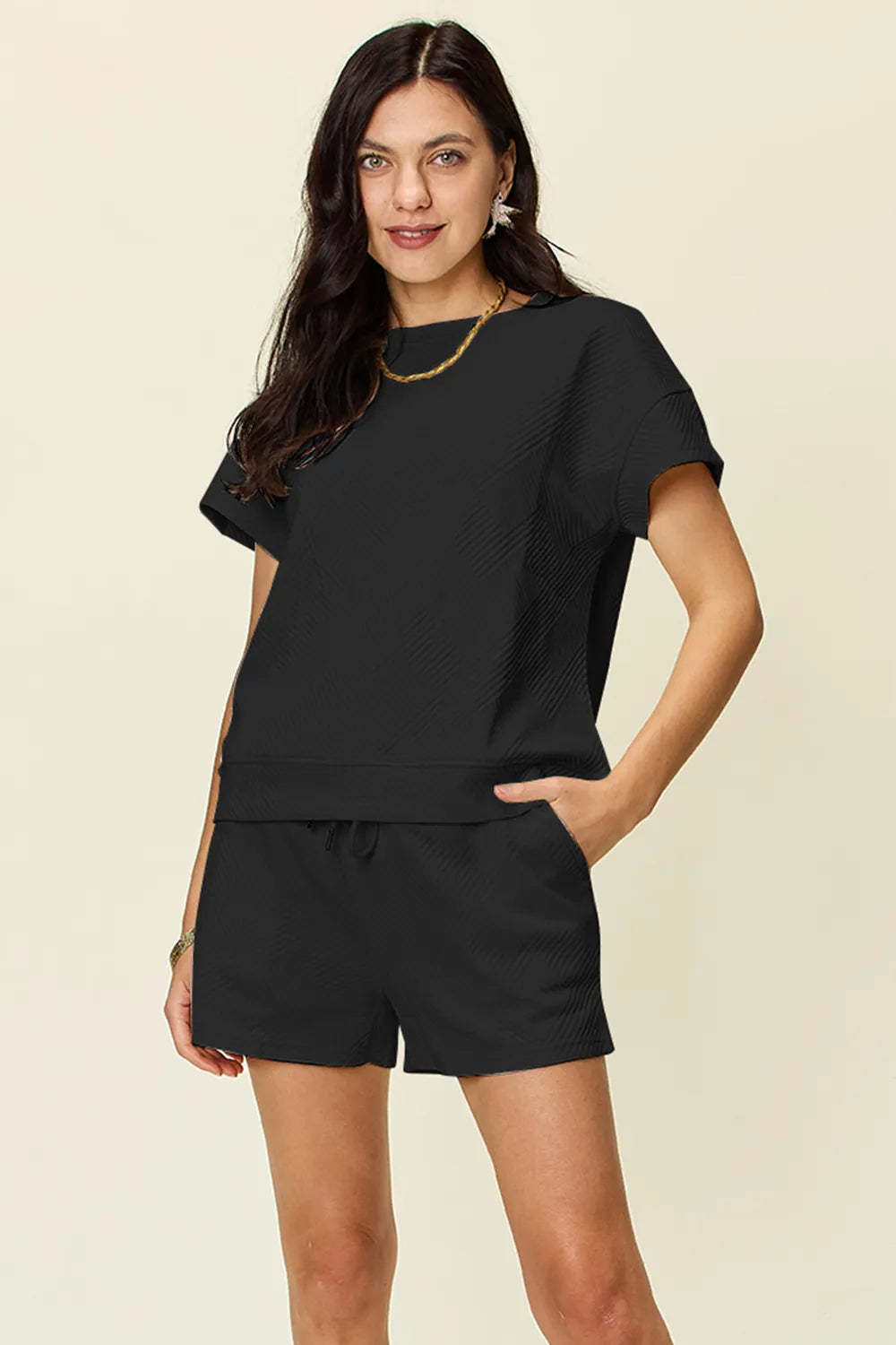 Double Take Full Size Texture Short Sleeve T-Shirt and Drawstring Shorts Set - Ladyez
