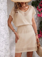Openwork V-Neck Short Sleeve Cover-Up Dress - Ladyez