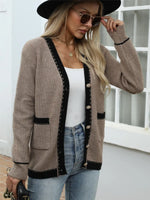 Contrast Trim Button Up Long Sleeve Cardigan