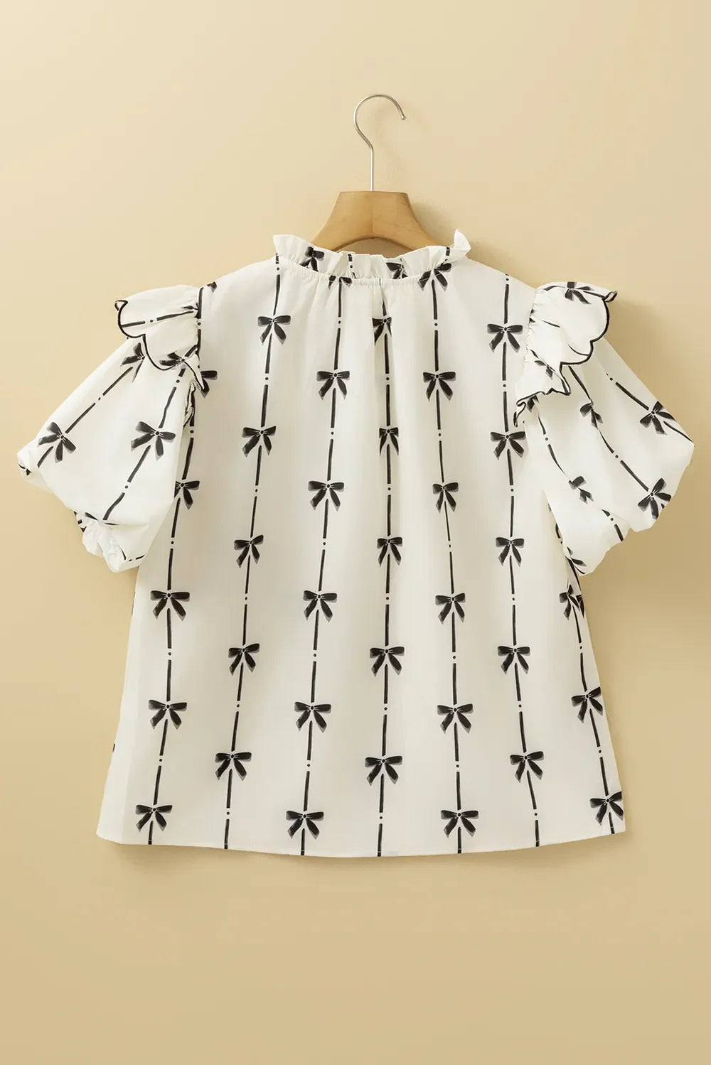 Bow Print Tie Neck Short Sleeve Blouse