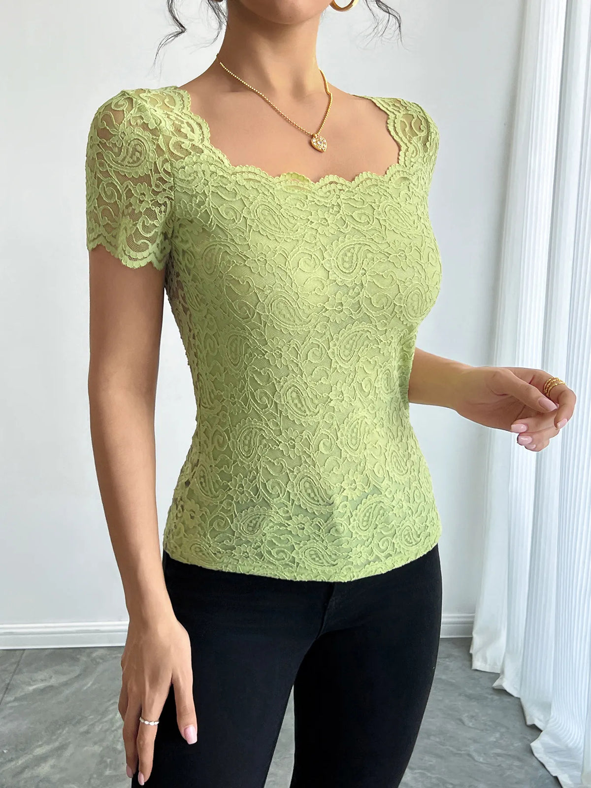 Floral Lace Square Neck T-Shirt - Ladyez