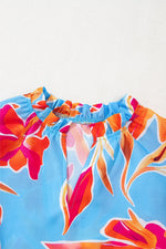 Floral Print Notched Pompom Trim Flutter Sleeve Blouse