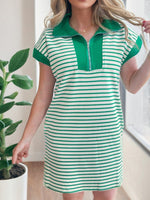 Stripe Quarter Zip Polo Collar T Shirt Dress with Pockets