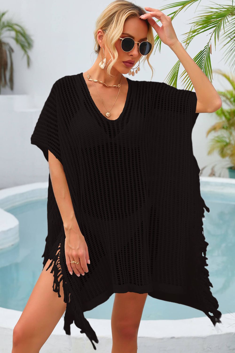 Angel Wings Fringe Trim Openwork Cover Up - Ladyez