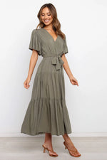 Tied Tiered Short Sleeve Midi Dress