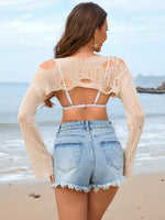 Distressed Boat Neck Long Sleeve Cover Up - Ladyez