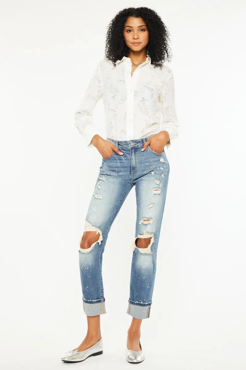 Kancan High Rise Distressed Boyfriend Fit Jeans - Ladyez