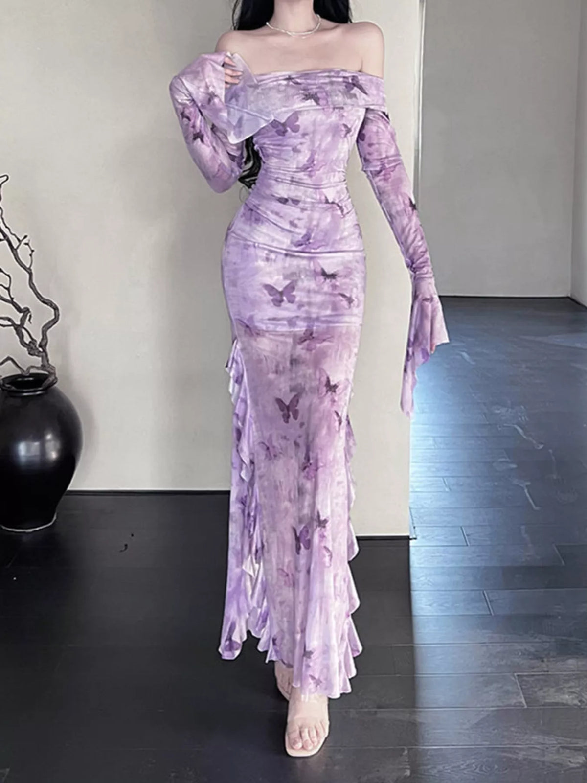 Butterfly Print Off-Shoulder Mesh Mermaid Dress