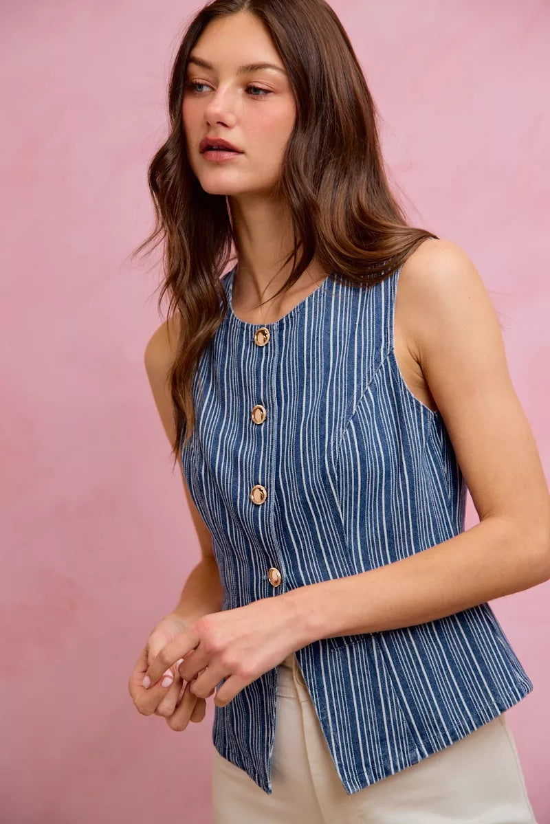 SO ME Stripe Slim Fit Button Front Denim Vest Top