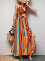 Striped Halter Maxi Dress with Cutout Detail - Ladyez