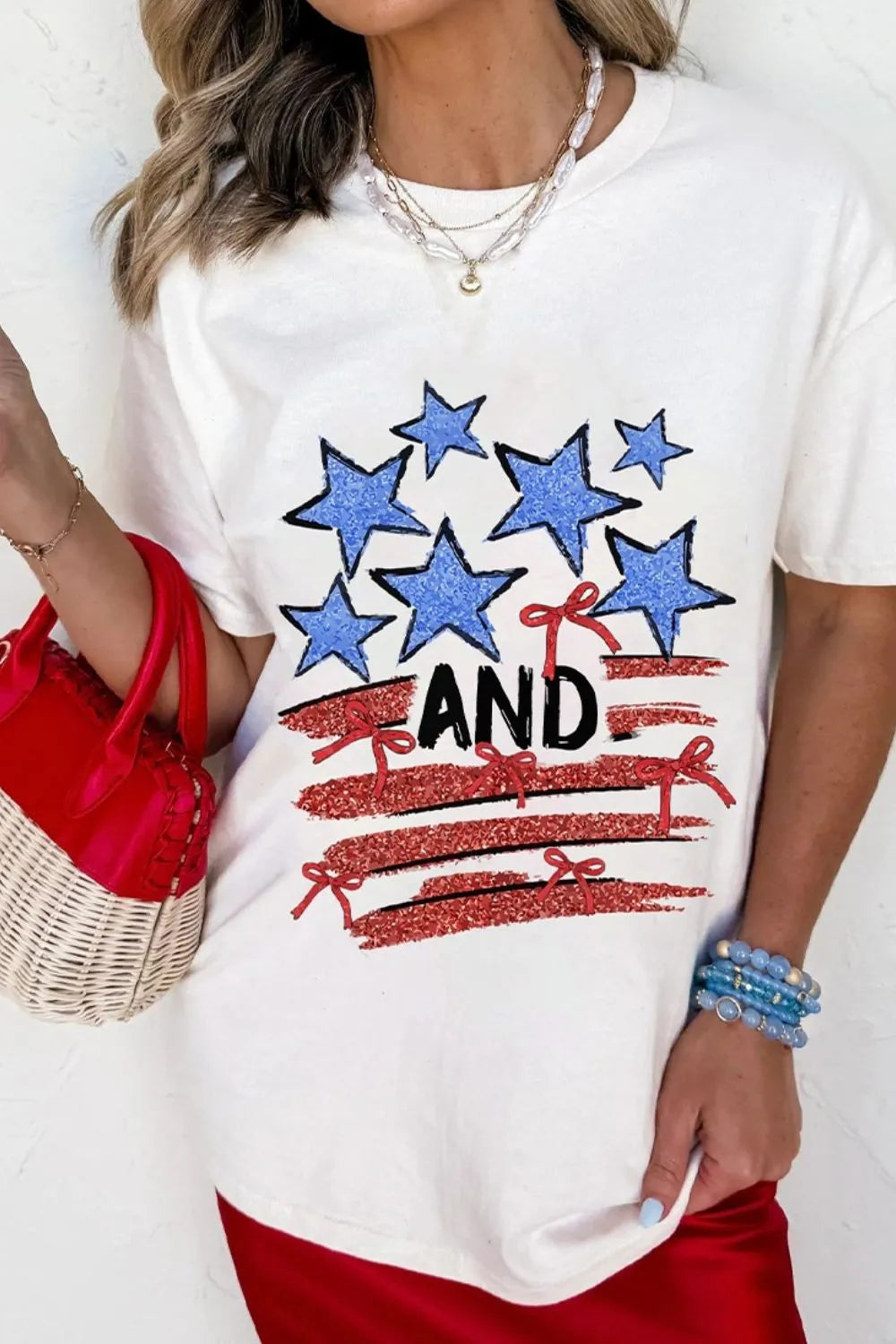 Stars and Stripes Bow Graphic T Shirt - Ladyez
