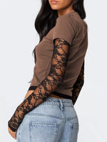 Cropped T-Shirt with Sheer Lace Sleeves
