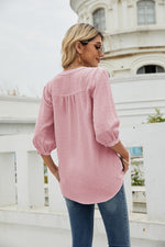 Swiss Dot Notched Neck Three-Quarter Sleeve Blouse