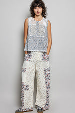 POL Printed Woven Lace Back Round Neck Sleeveless Top