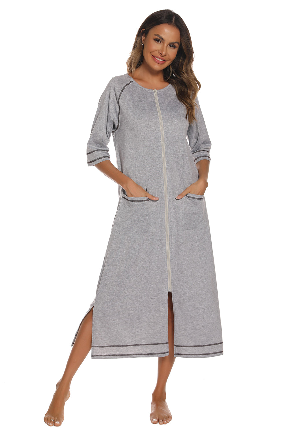Zip Up Slit Round Neck Night Dress with Pockets - Ladyez