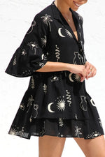 Ruched Printed Three-Quarter Sleeve Mini Dress