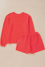 Sequin Heart Round Neck Long Sleeve Top and ShortsSet