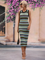 Striped Round Neck Sleeveless Midi Cover Up Dress - Ladyez