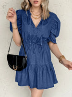 Drawstring High Waist Puff Sleeve Denim Mini Dress
