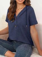 Drawstring Waffle-Knit Short Sleeve Hooded Top