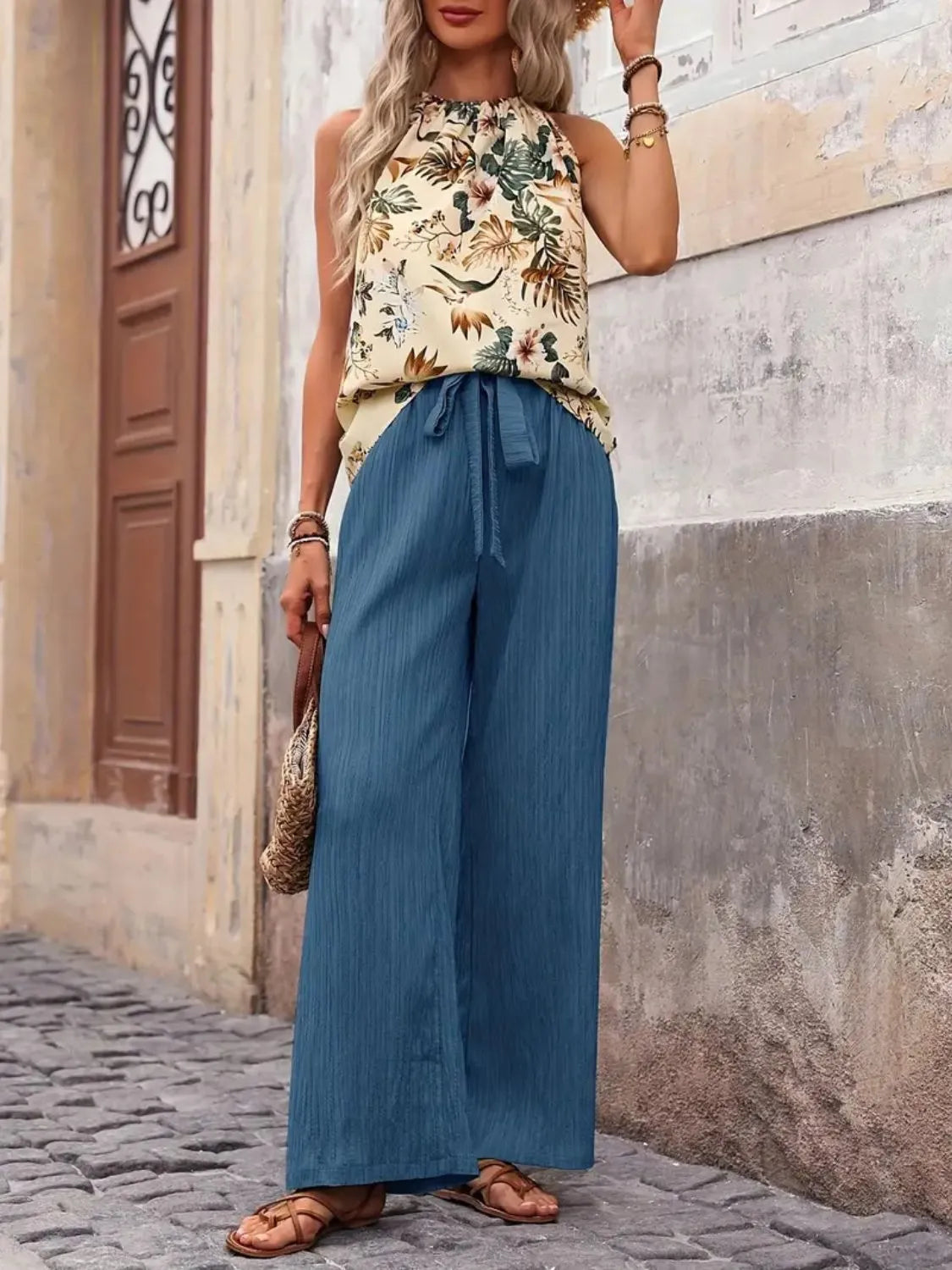 Printed Tank Top and Wide Leg Pants Set - Ladyez