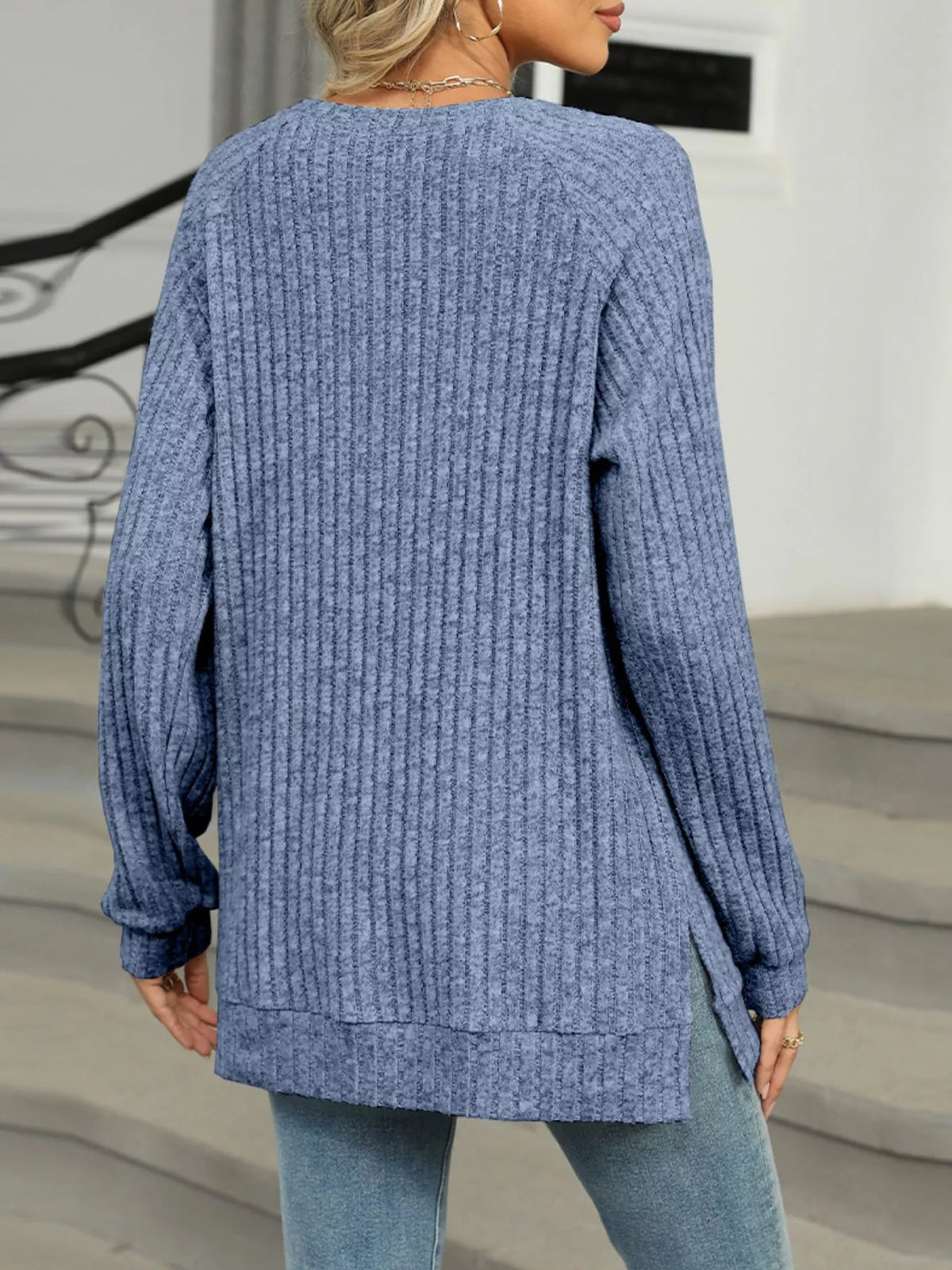 Round Neck Side Slit Ribbed Knit Top with Asymmetric Button Detail