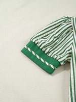 Stripe Collared Split Neck Short Bubble Sleeve Blouse