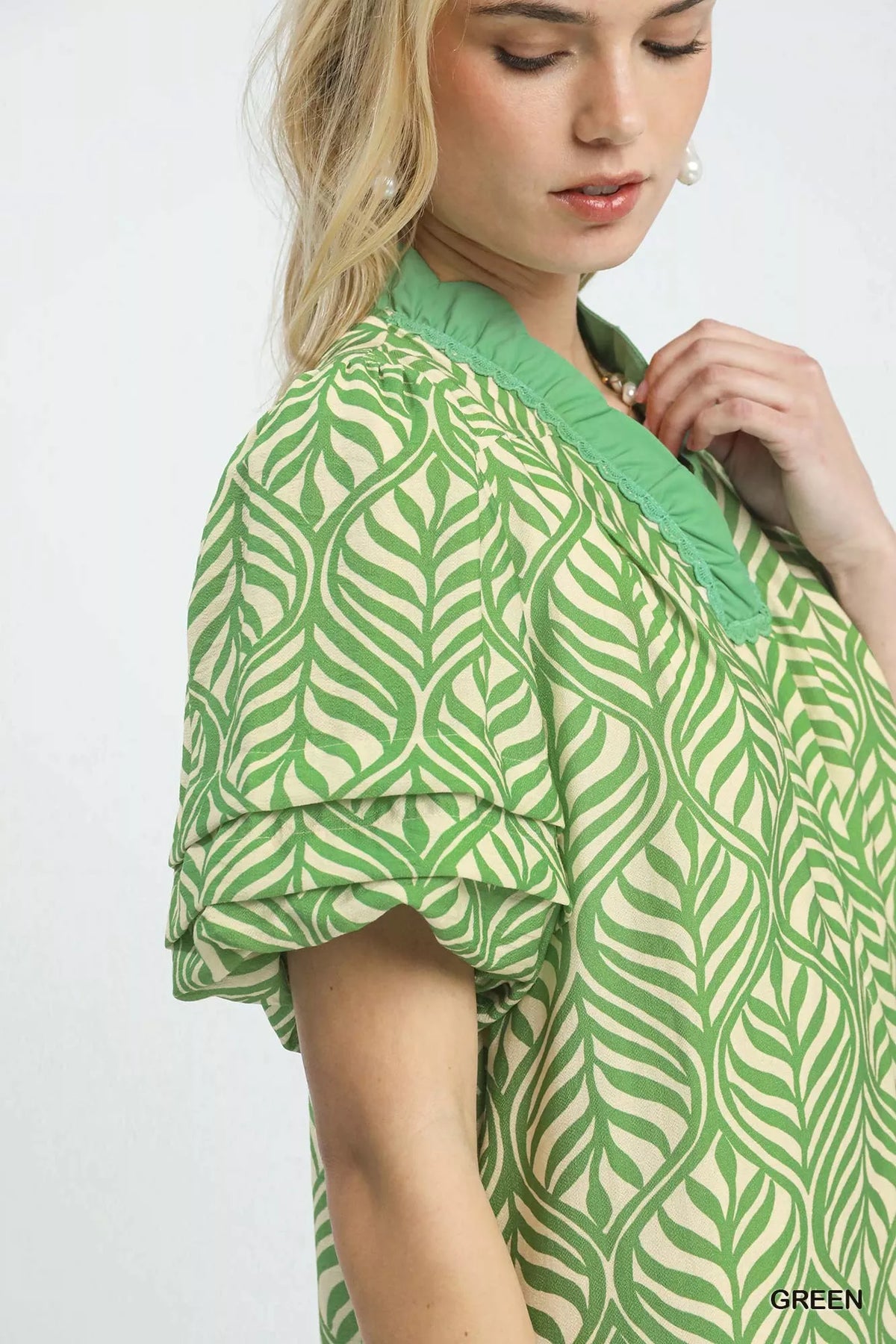 Umgee Leaf Print Ruffle Neck Midi Dress