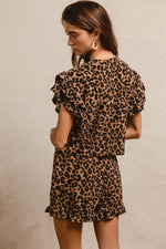 BiBi Leopard Print Waffle Texture Layered Ruffle Sleeve Top and Shorts Set