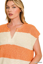 Zenana Split Neck Sleeveless Stripe Sweater