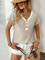 Striped V-Neck Short Sleeve T-Shirt - Ladyez