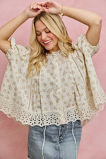 SO ME Floral Print Lace Trim Short Sleeves Blouse