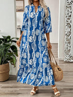 Printed Notched Half Sleeve Maxi Dress - Ladyez
