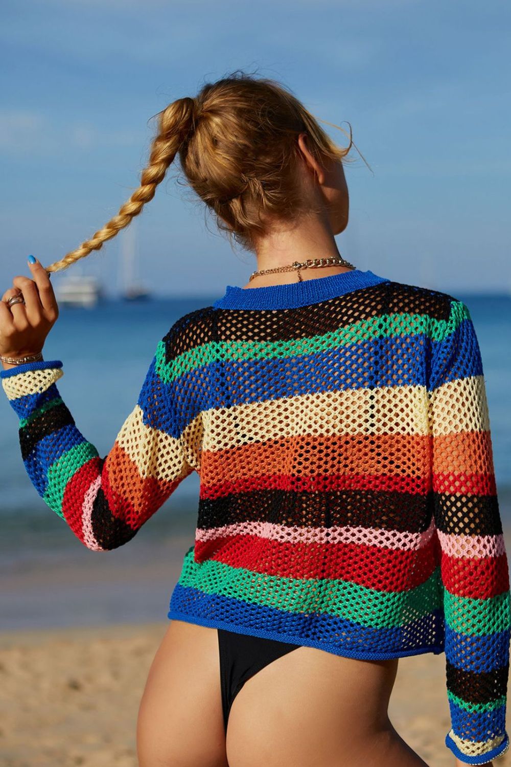 Angel Wings Rainbow Stripe Openwork Long Sleeve Cover-Up - Ladyez