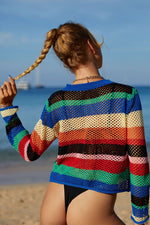 Angel Wings Rainbow Stripe Openwork Long Sleeve Cover-Up - Ladyez
