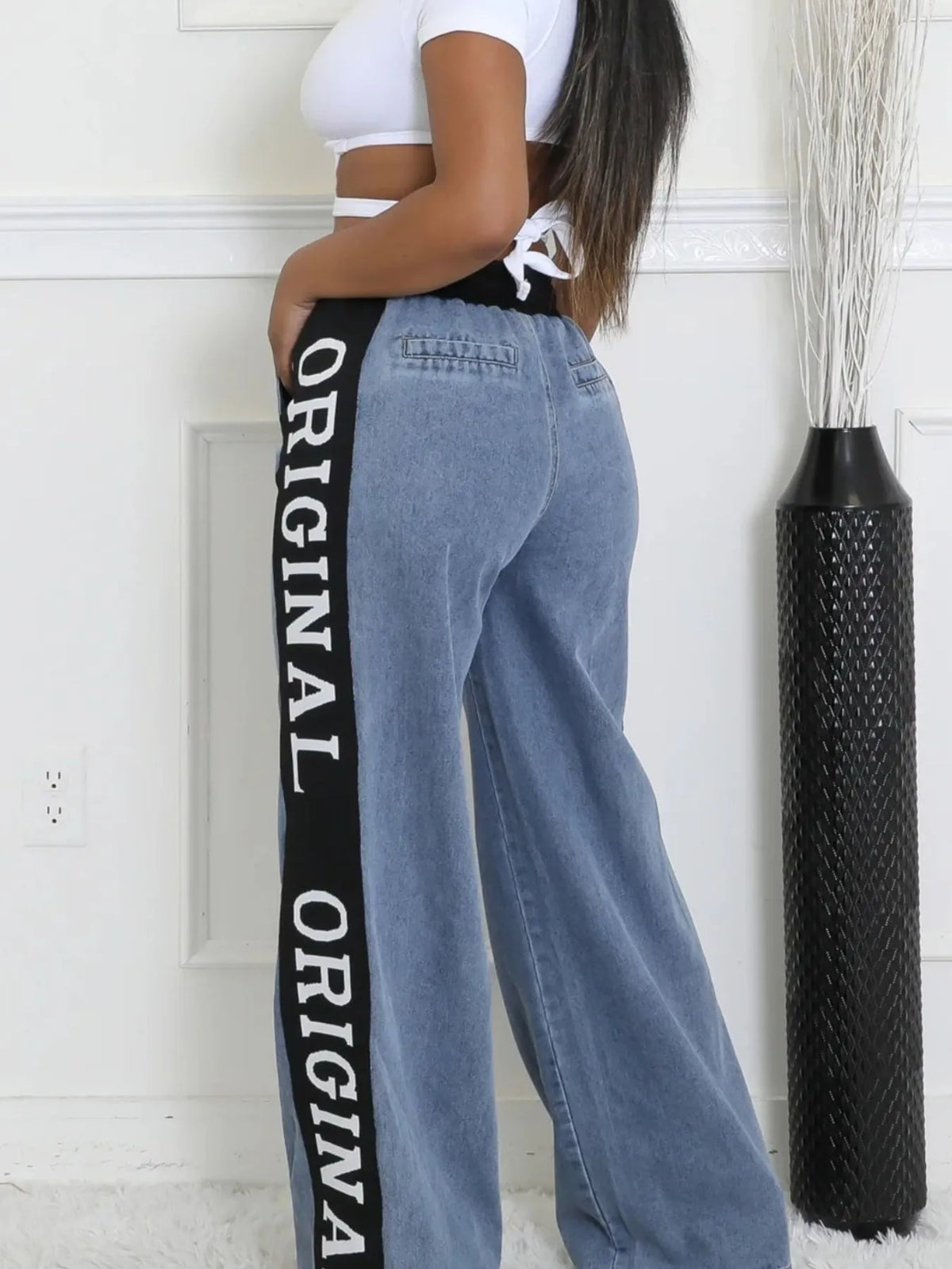 High Waist Wide Leg Denim Jeans with Side Letter Print - Ladyez