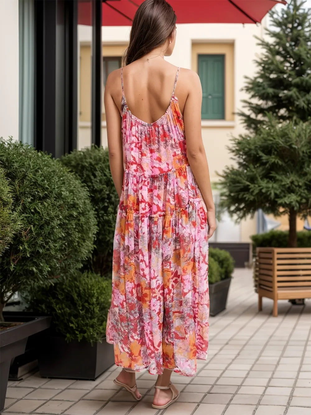 Tiered Printed V-Neck Sleeveless Dress - Ladyez