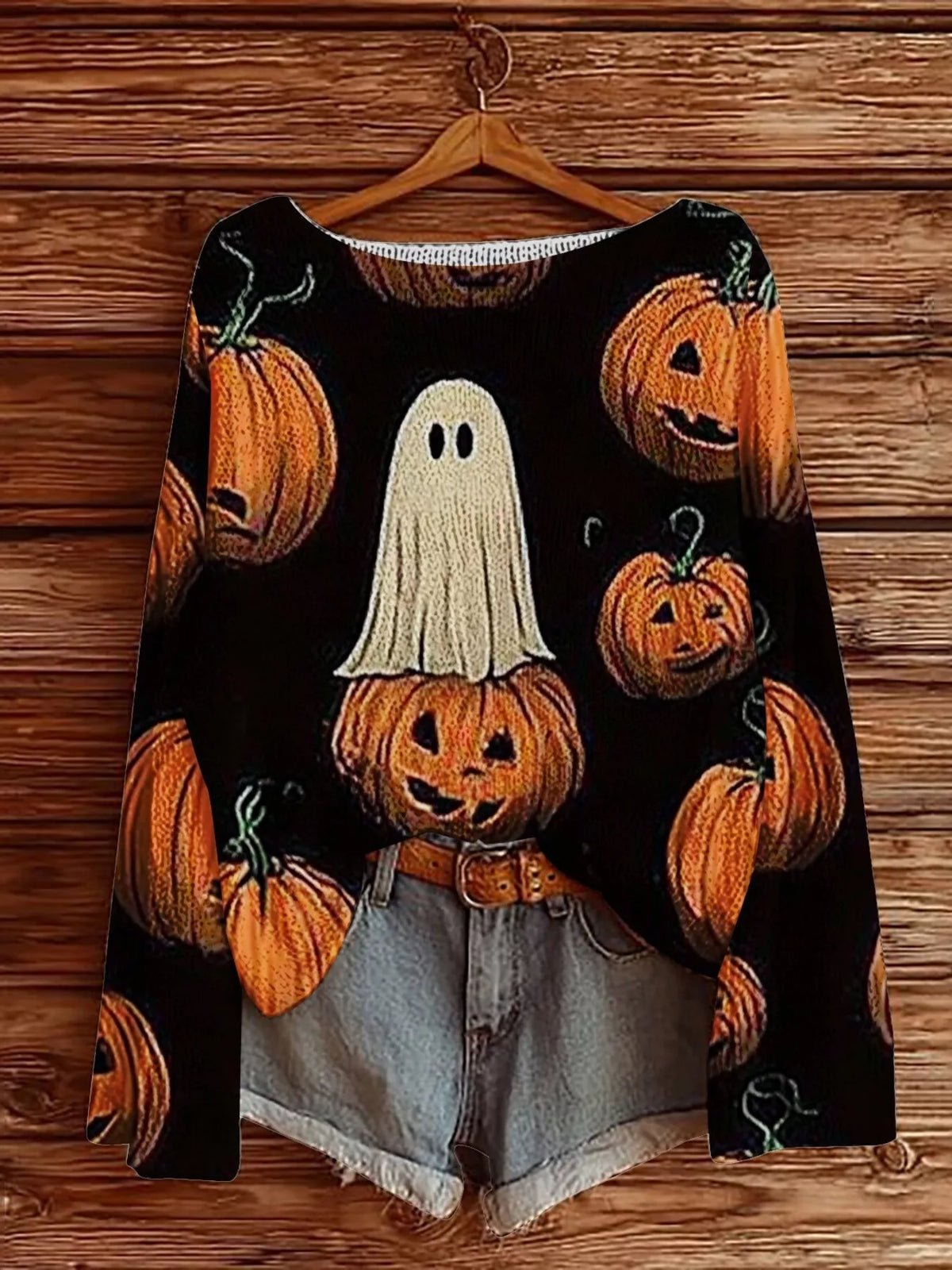 Full Size Halloween Graphic Boat Neck Sweater Plus Size