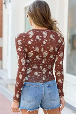 Floral Print Sheer Mesh Long Sleeve Top