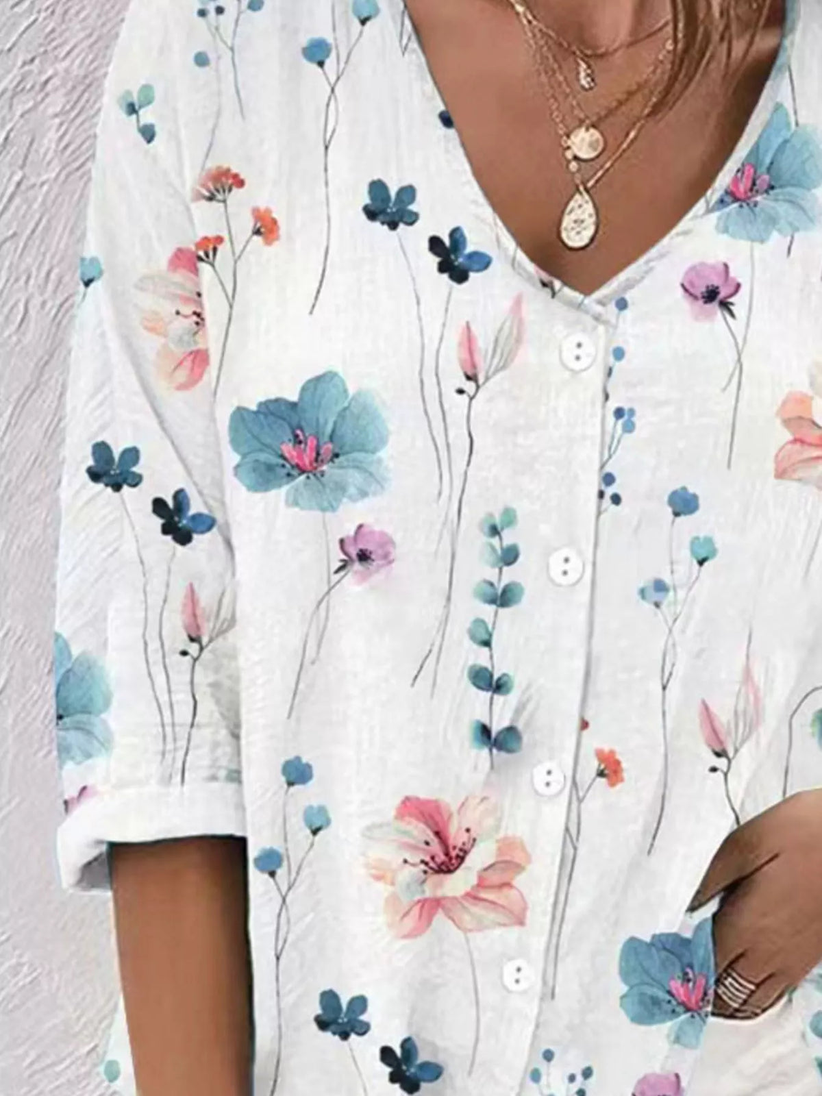 Floral Print V-Neck Button-Down Shirt