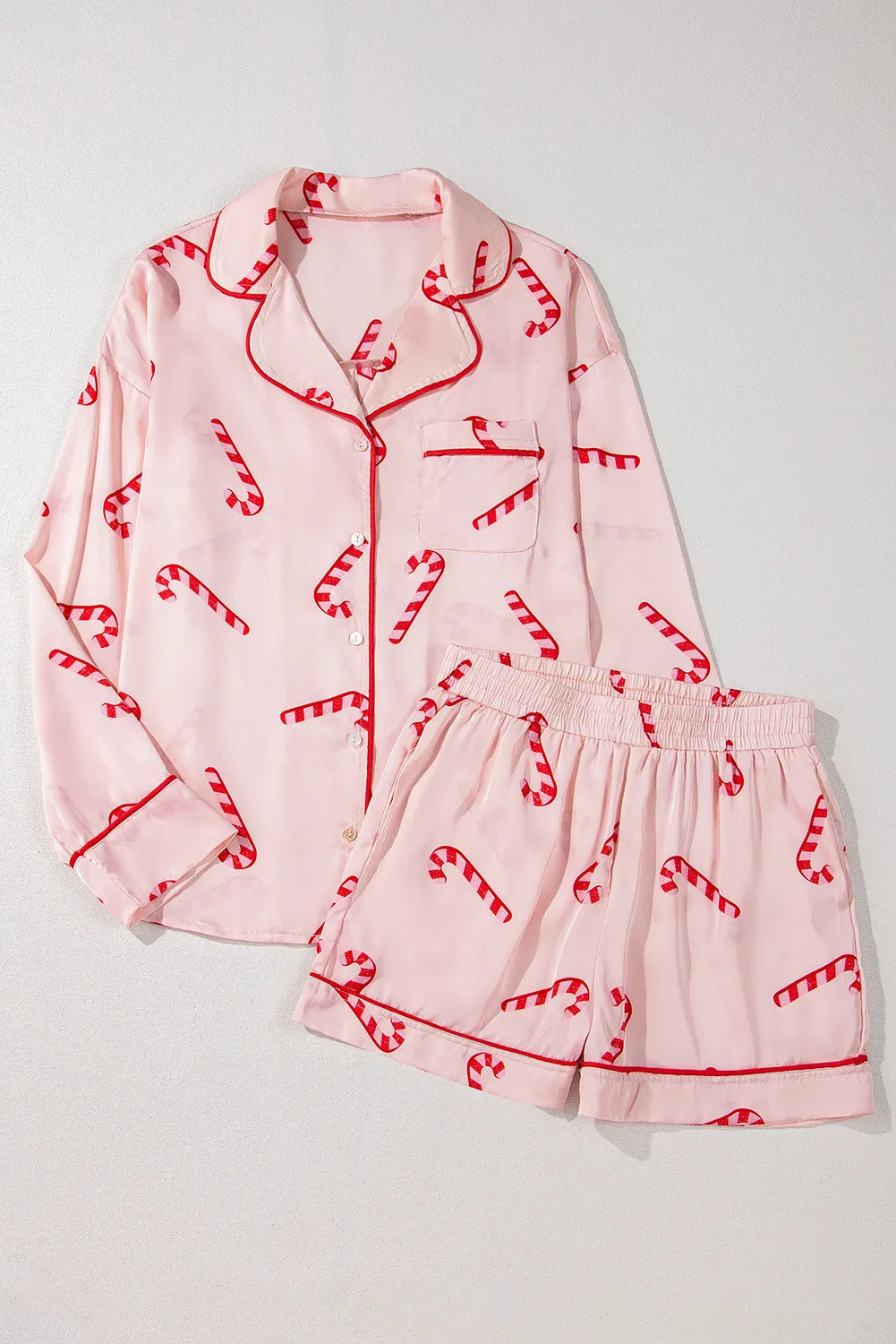 Candy Cane Collared Neck Long Sleeve Top and Shorts Lounge Set - Ladyez