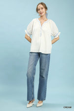 Umgee Textured Split Neck Puff Sleeve Top