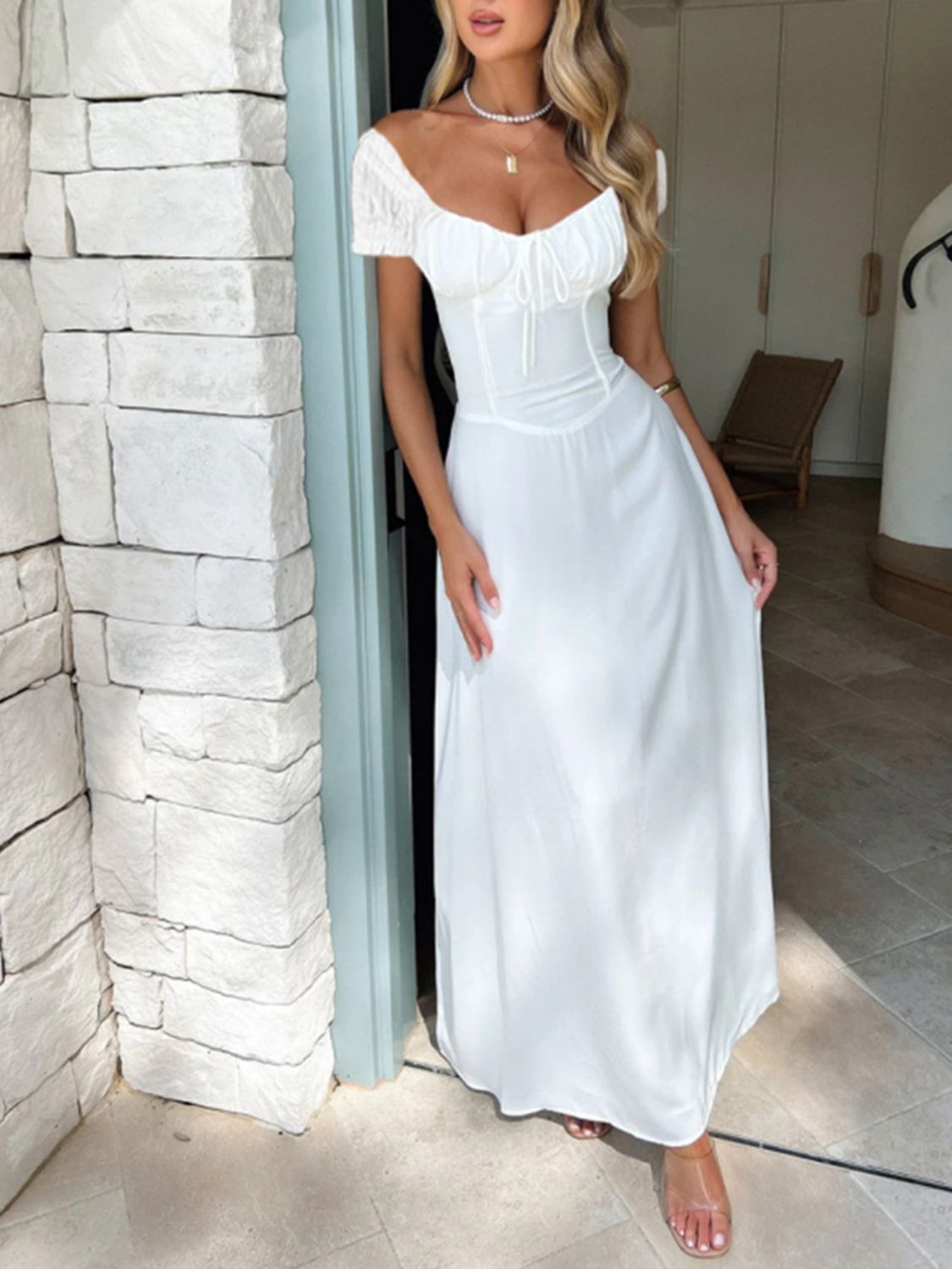 Devine Sweetheart Neck Short Sleeve Maxi Dress - Ladyez