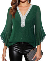 Sequin V-Neck Flounce Sleeve Blouse
