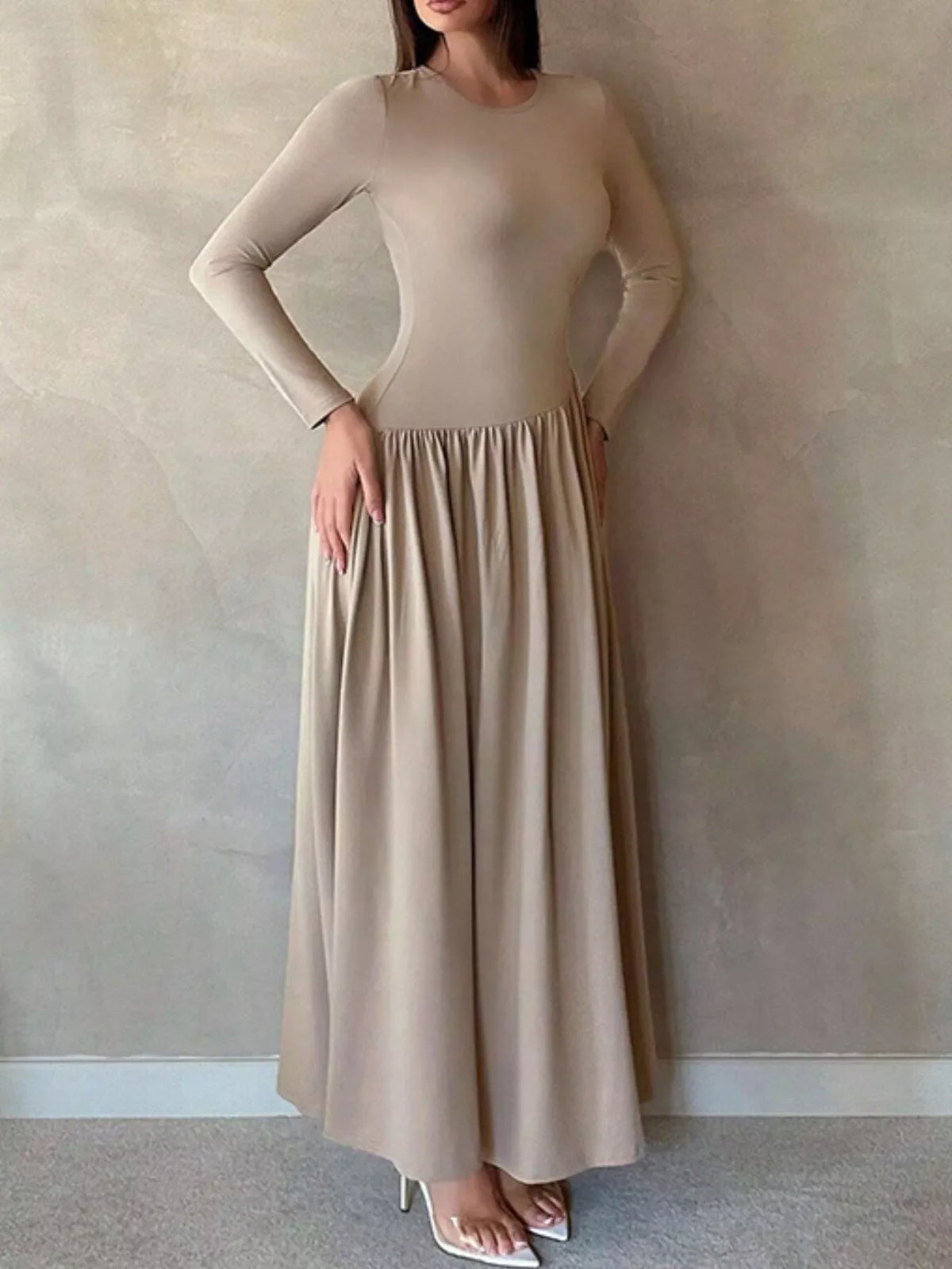 Long Sleeve Ruched A-Line Maxi Dress