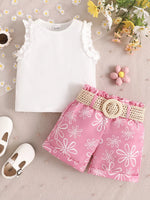 Children's Frill Sleeveless Top and Belt Shorts Set