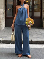 Halter Neck Top and Wide-Leg Pants Set